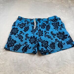 Lands End Mens XL Swim Trunks Blue Black Floral Drawstring Swimming Shorts